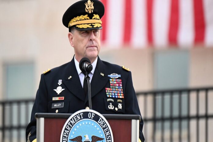 FILE PHOTO: U.S. Chairman of the Joint Chiefs of Staff General Mark Milley gives remarks during the 19th annual September 11 observance ceremony at the Pentagon امریکی جوائنٹ چیفس آف اسٹاف جنرل مارک ملے اور طالبانی نمائندوں کے مابین ملاقات، افغانستان میں کشیدگی کم کرنے پر زور دیا گیا